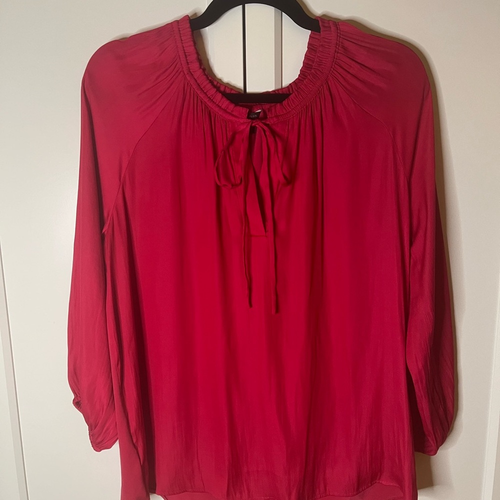 Ann Taylor Red Fuchsia Pink Elastic Wrist Mixed Media Tie Front Blouse Sz M